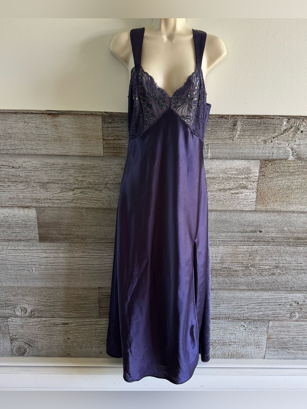 Vintage Y2K Victoria Secret Satin Maxi Slip Dress Sequin Lace Nightgown Med (S1)